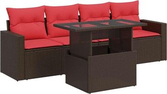 vidaXL 5 Piece Garden Sofa Set with Cushions Brown Poly Rattan Acacia Vidaxl