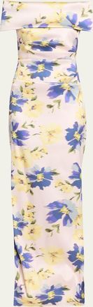 Teri Jon Floral-Print Mikado Column Gown