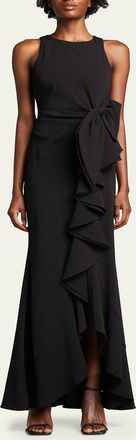 Badgley Mischka Odessa Asymmetric Ruffle-Skirt Crepe Gown