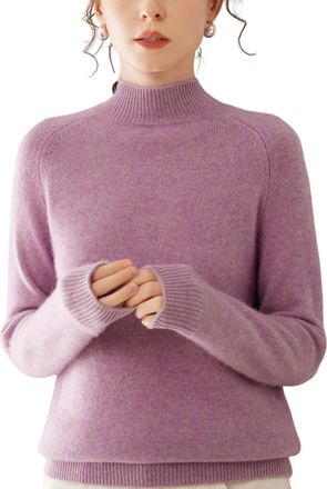 Dissa Women Cashmere Jumper Purple Mock Neck Knitted Jumper Long Sleeve Relaxed Cashmere&Wool Thick Plain Ladies Sweater,UK 16,MH559