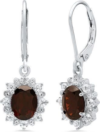 MAX + STONE Sterling Silver Halo Sunburst Oval Gemstone Leverback Earrings with White Topaz Accent