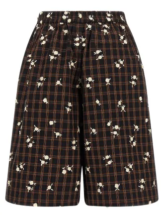 Ganni Check Floral-Embroidered Cotton Bermudas - Black