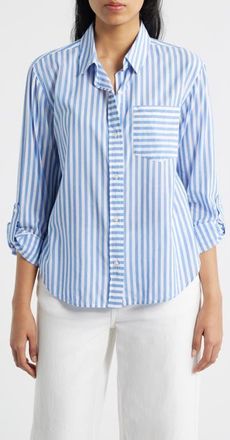 Beach Lunch Lounge Campbell Directional Stripe Long Sleeve Cotton Blend Button-Up Shirt in Blue Iguana at Nordstrom, Size X-Large