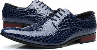 Generic Shoes Dress Oxford for Men Lace Up Derby Shoes Crocodile Alligator Embossed PU Leather Block Heel Rubber Sole Anti-Slip Wedding(Blue,7.5 UK)