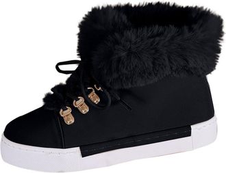 Generic Womens Winter Boots Faux Fur Lined Comfortable Womens Snow Boot Casual Solid Color Stylish Warm Lace Up Ankle Boots for Cold Weather Outdoor Flats