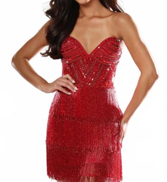 Jovani Sequin Strapless Beaded Fringe Mini Dress In Red
