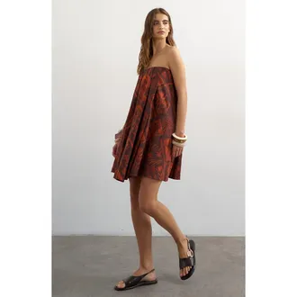 Topshop Linen Blend Trapeze Minidress in Brown at Nordstrom, Size 12