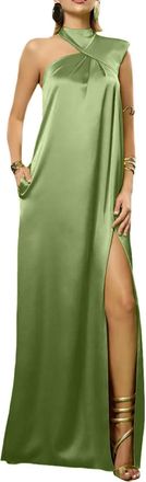 Generic Womens Silk Satin Evening Gowns Pleated Slit Party Dresses One Shoulder Ball Gown Floor Prom Dresses Sage Green 3XL