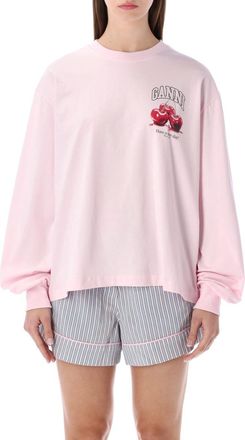 Ganni Pink Crewneck Printed T-Shirt