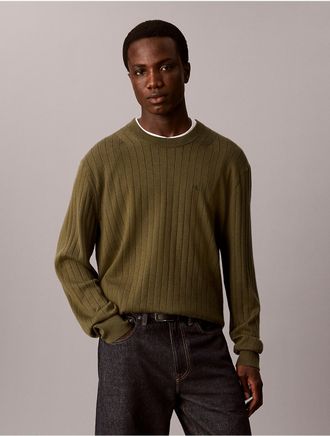 Calvin Klein Mens Textured Merino Wool Blend Sweater - Green - 2XL