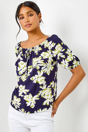Roman Floral Print Stretch Bardot Top
