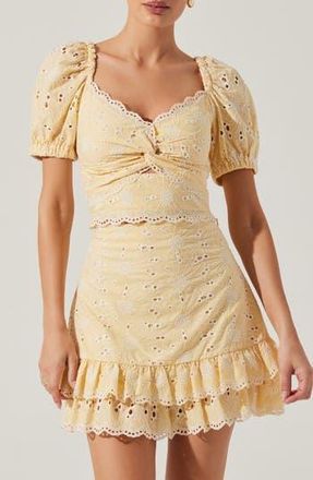 ASTR the Label Evelin Embroidered Eyelet Cotton Twist Front Top in Light Yellow at Nordstrom Rack, Size Large