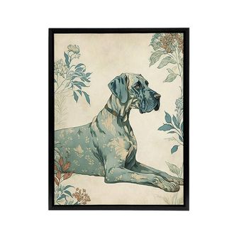 Artery8 Great Dane Dog With Flower Pattern Framed Canvas Wall Art Print in Blue | Size: W24 x H32