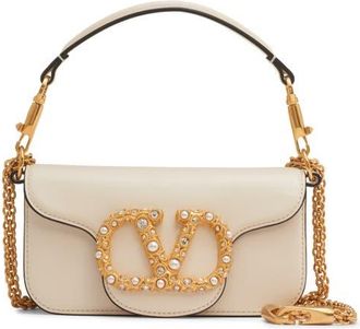 Valentino Garavani Small Loc&ograve; Leather Shoulder Bag in Light Ivory/cream Crystal at Nordstrom