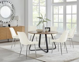 Furniturebox Santorini Brown Round Dining Table & 4/6 Pesaro Silver Leg Chairs in Cream