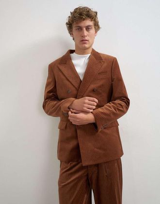 Topman blazer doppiopetto vestibilit&agrave; rilassata in velour a righe marrone chiaro