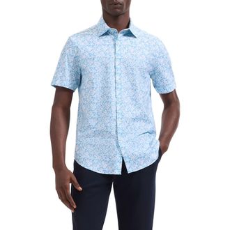Bugatchi Miles OoohCotton Watercolor Floral Print Short Sleeve Button-Up Shirt in Teal at Nordstrom, Size Xx-Large