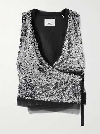 Isabel Marant Top A Portafoglio In Crêpe Con Paillettes E Finiture In Tulle Tahina - Argento