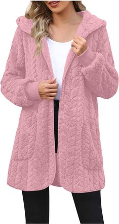 Generic Mid-length Fleece Coat for Women UK Thick Thermal Double Sided Sherpa Hooded Jacket Warm Fluffy Plush Trench Coat Soft Open Front Cardigan Outerwear L