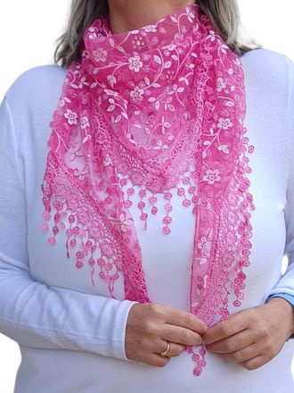 Generic Glitter Floral Triangle Scarf with Lace & Embroidery, 8 colours (Fuchsia Pink)