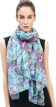 Lina & Lily Unicorn Galaxy Print Womens Scarf Shawl Wrap Lightweight (Blue & Purple)