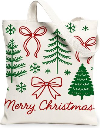 Generic Christmas Tree Canvas Tote Bags, Holiday Floral Design Reusable Grocery Bags, Vintage Lightweight Washable Shoulder Strap C, White, 13x15 Inch