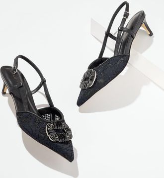 Talbots Elena Embellished Slingback Pumps - Fern Lace - Black - 10 1/2 M Talbots