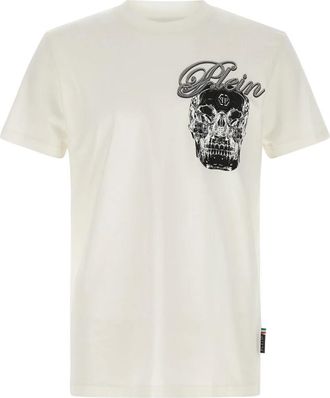 Philipp Plein T-Shirts, male, White, L, Round Neck T-Shirt Glass Skull