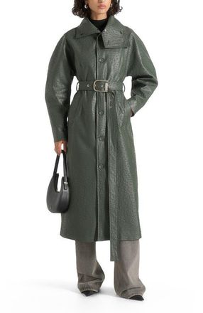 Mani&egrave;re De Voir Leyna Ostrich Hourglass Belted Coat in Sage at Nordstrom, Size 12