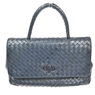Bottega Veneta Intrecciato Handbag Leather Navy Leather Handbag (Pre-Owned)