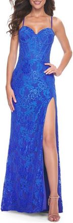 La Femme Stretch Lace Dress with Bustier Top and Illusion Back in Royal Blue at Nordstrom, Size 10