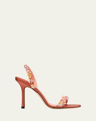 Jimmy Choo London 100mm Jenn Flower-Embellished Satin Sandals