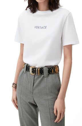 Versace Crystal Embellished Logo Cotton T-Shirt in Optical White at Nordstrom, Size 2 Us