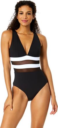 Anne Cole Womens Gabor Mesh Plunge Front Colorblock Mesh One Piece Swimsuit at Nordstrom, Size 14