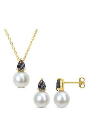 Delmar Alexandrite & Freshwater Pearl Stud Earrings & Pendant Necklace Set in Purple Blue Multi at Nordstrom Rack