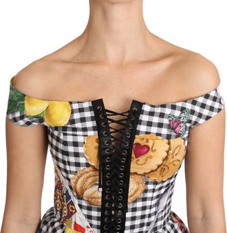 Dolce & Gabbana Womens Black & White Gingham With Sicily Print Blouse Silk Cotton