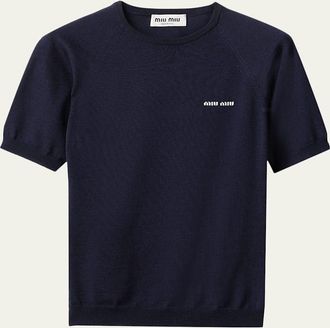 Miu Miu Short-Sleeve Wool Crewneck Sweater