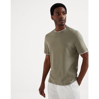 Brunello Cucinelli Mens Olive And Light Grey Cotton Crewneck Shirt, Size 5XL