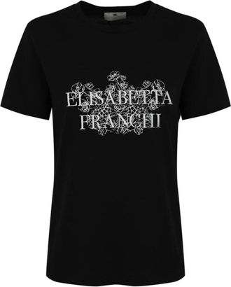 Elisabetta Franchi Cotton T-shirt met Logo Print - Dames - T-shirts - Zwart - S - Katoen - Tops