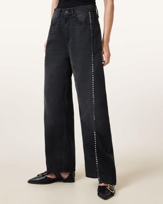 AllSaints Womens Cotton Frankie Studded Wide Leg Jeans, Size: 30