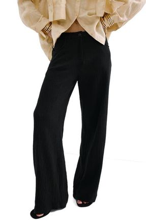 Mango Cotton Double Gauze Straight Leg Pants in Black at Nordstrom, Size X-Small