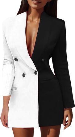 Generic Blazer Dress Womens Colour Block Patchwork Long Sleeve Blazer Dress Business Blazer Open Front Jacket Dress, White, 26