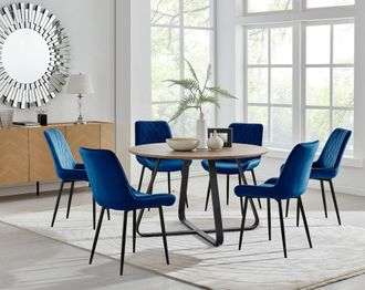 Furniturebox Santorini Brown Round Dining Table & 6 Pesaro Black Leg Chairs in Navy