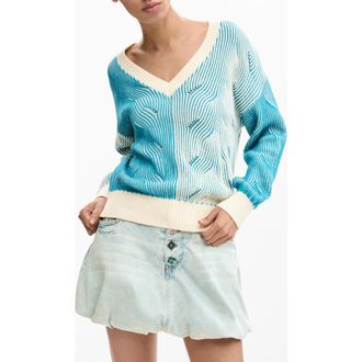 Desigual Colorblock Cotton Blend Pointelle Sweater in Light Blue at Nordstrom, Size X-Large