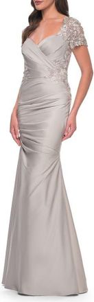 La Femme Satin Evening Dress with Lace and Scoop Neckline in Silver at Nordstrom, Size 14