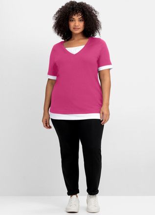 Sheego 2-in-1-Shirt SHEEGO 2-in-1-Shirt, Damen, Gr. 44/46, fuchsia, wei&szlig;, 60% Baumwolle, 40% Polyester, gemustert, mehrfarbig, Rundhals, Shirts 2-in-1-Shirt