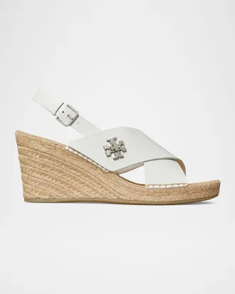 Tory Burch Turnlock Leather Slingback Espadrille Wedge Sandals