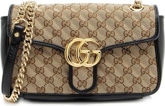 Gucci Beige & Black GG Canvas GG Marmont Medium Flap Bag (Authentic Pre-Loved)