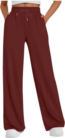 Generic Trousers for Women UK Elastic Waist Casual Trouser with Drawstring Wide Straight Legs Jogging Sweatpant Solid Colour Ladys Leisure Pants Classic Fit H
