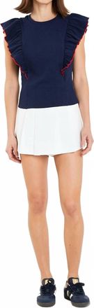 English Factory Contrast Ruffled Knit Top In Navy/red